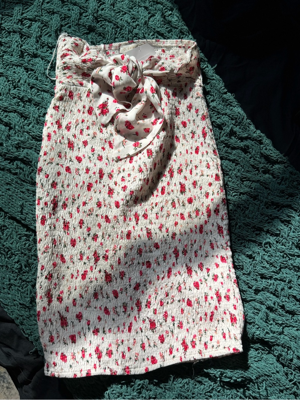 Cream Floral Midi Skirt with Red Rose Print